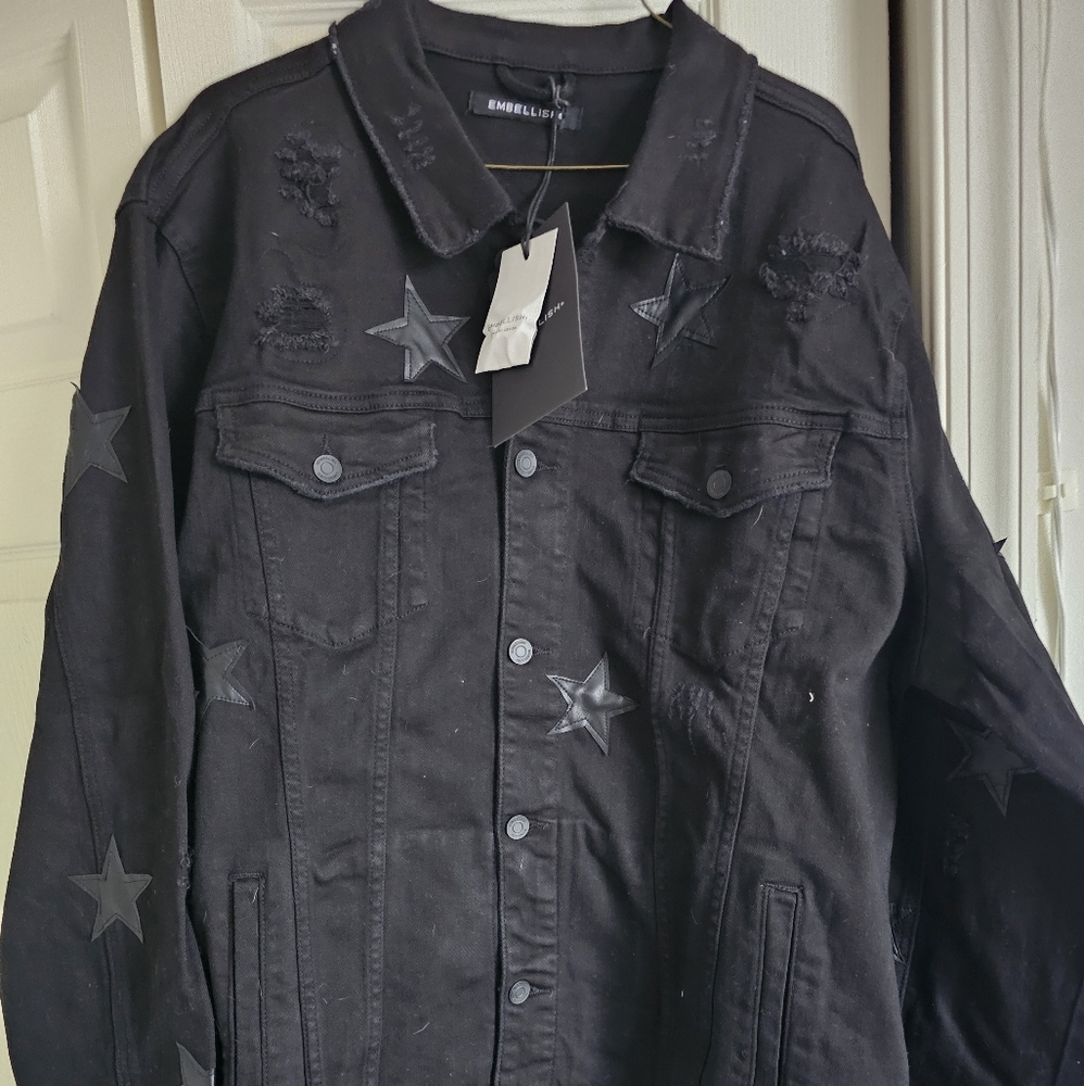 Embellish Black Denim Jacket with Star Accents. Size 3xl